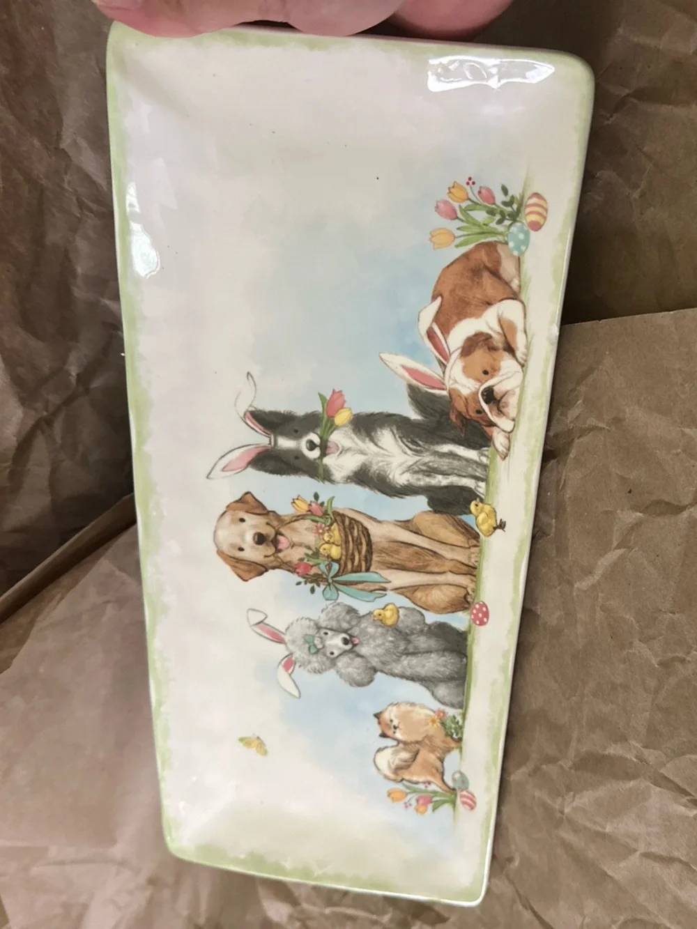 Pier 1 White Ceramic Pet Tray with Easter Puppy Illustration